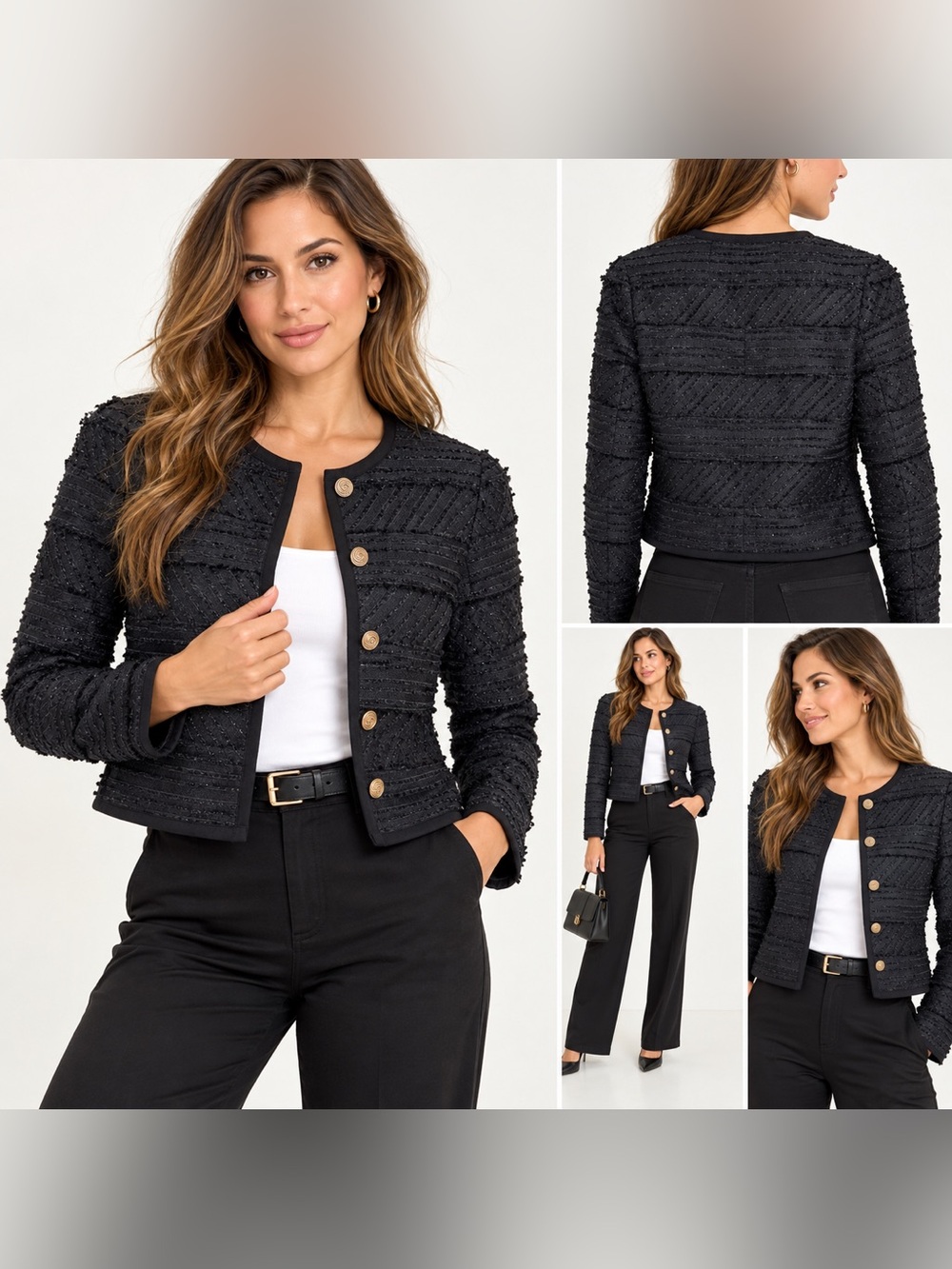 NWT Forever 21 Essentials Black Textured Tweed Cropped Jacket Gold Buttons XS